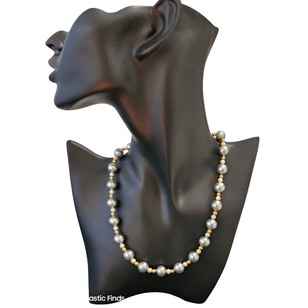 Vintage Monet Gold & Silver-Tone Faux Pearl Beaded Necklace Magnetic‎ Clasp